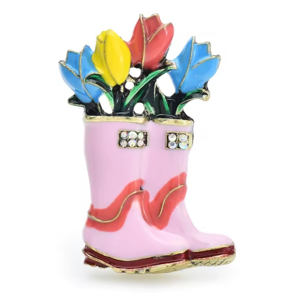 Rain Boots Flower Bouquet Brooch – Spring Garden Jewelry - Picture 7 of 9